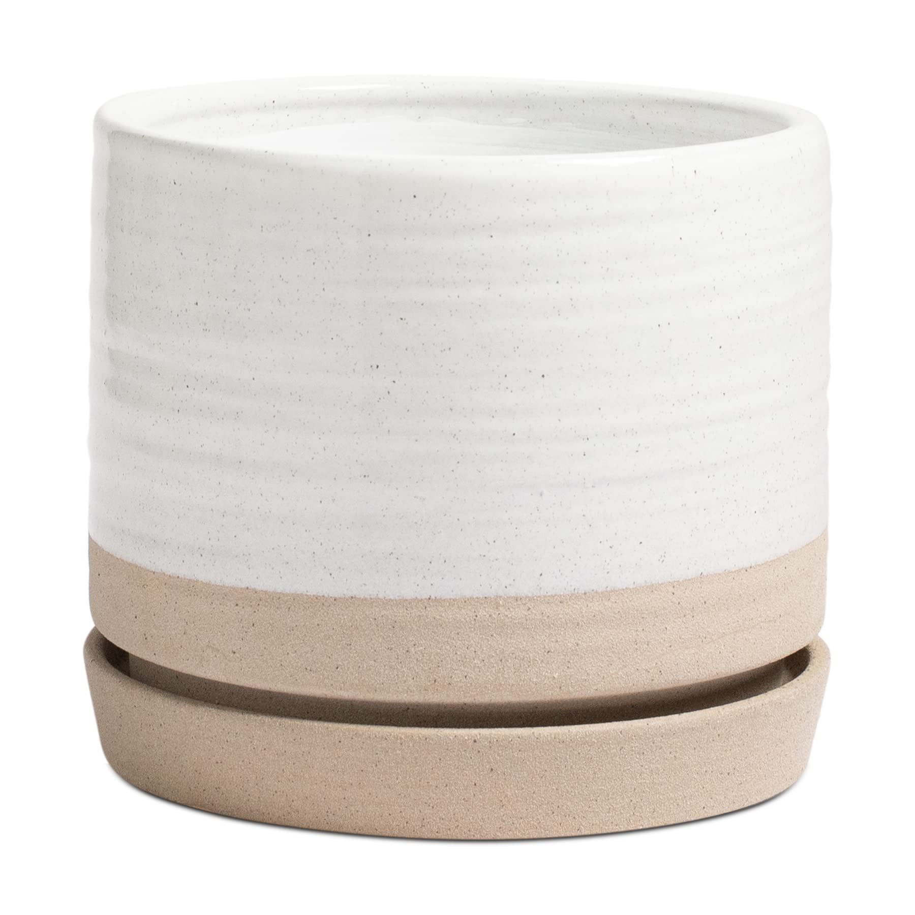 HERDUK 8 inch planter front view showing matte white beige finish and saucer, clean modern look