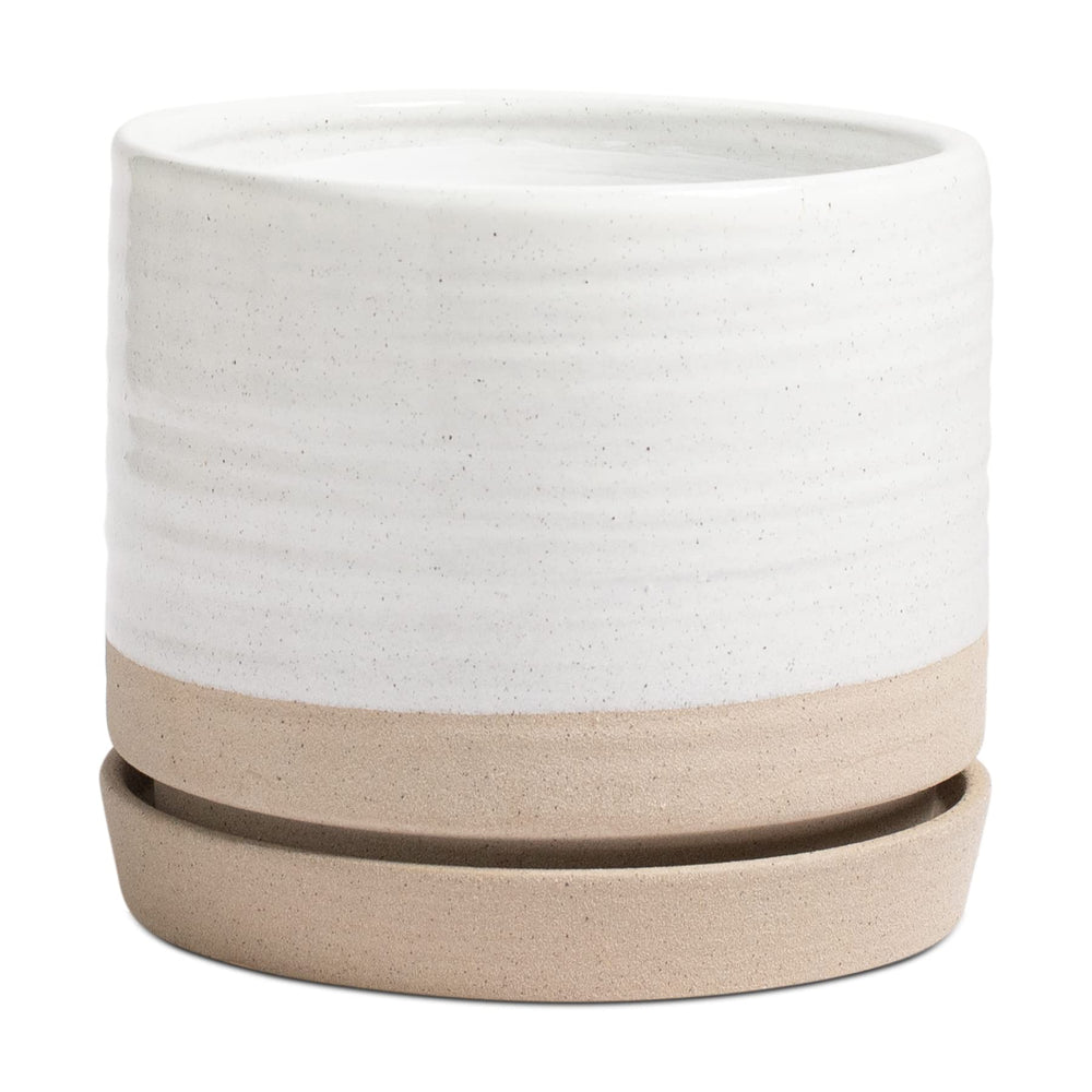 HERDUK 8 inch planter front view showing matte white beige finish and saucer, clean modern look