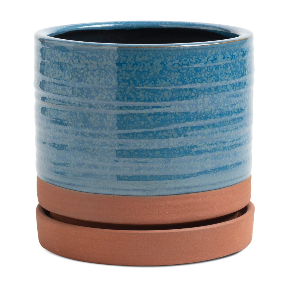 HERDUK front view of aqua blue and terracotta planter showing modern design and balance