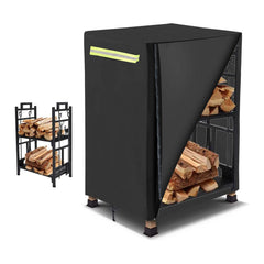 Hergesch front view of log rack cover protecting wood from rain