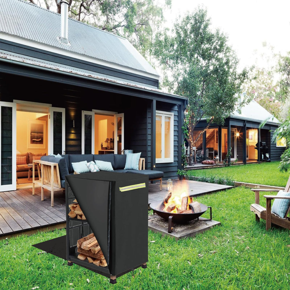 Hergesch log rack covered on backyard rack keeping firewood dry