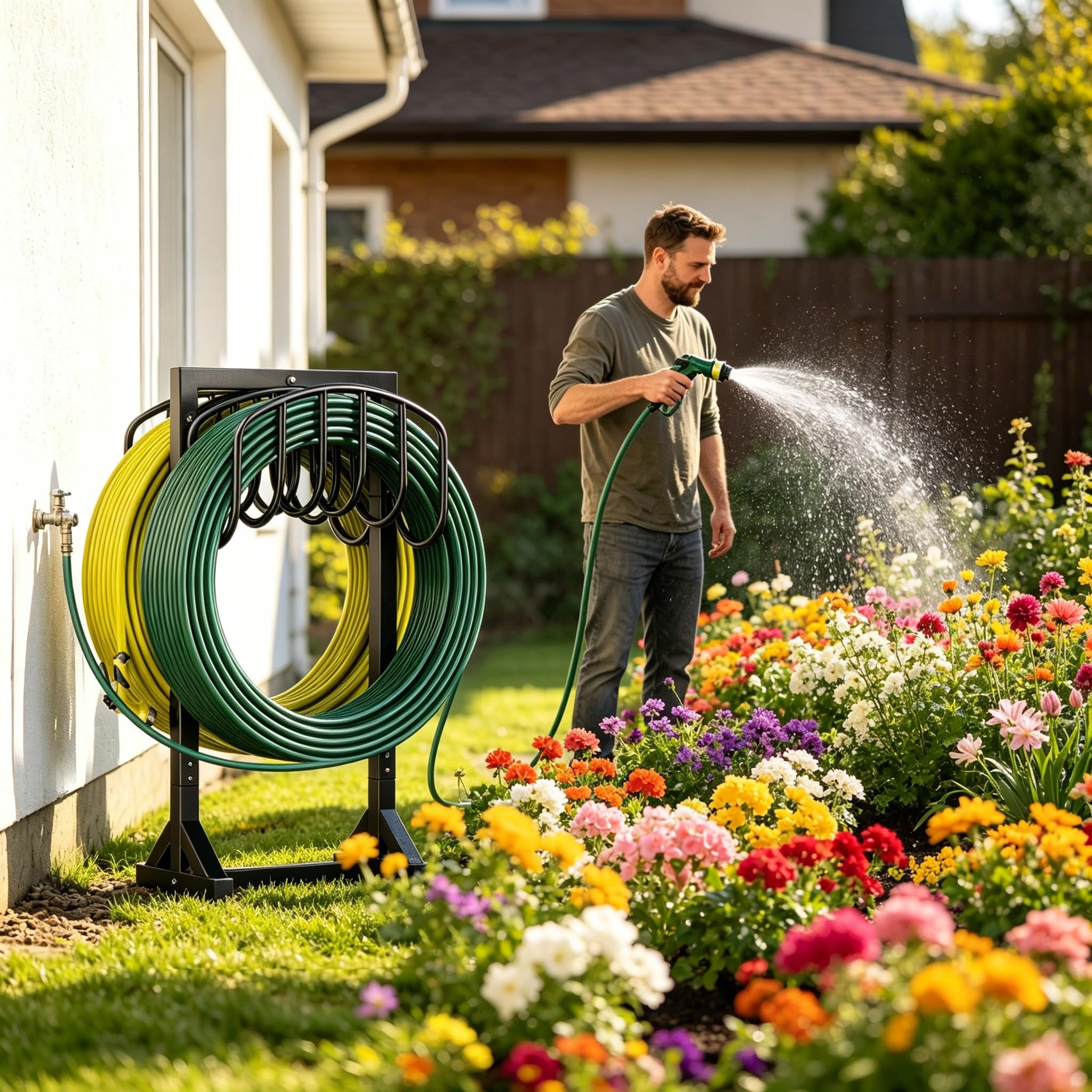 HeroicLion lifestyle yard setting showing dual hoses ready for use