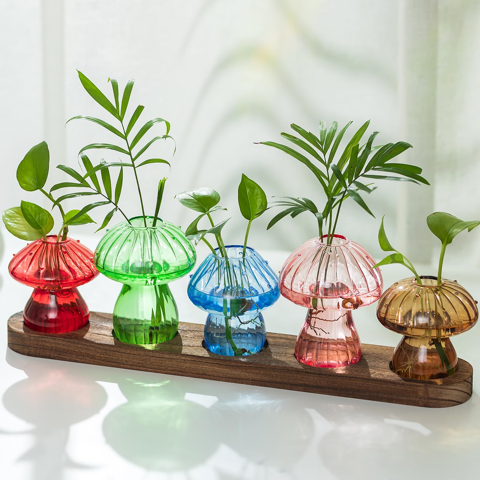 Hewory front view on wooden tray showing colorful mushroom vases and tidy display