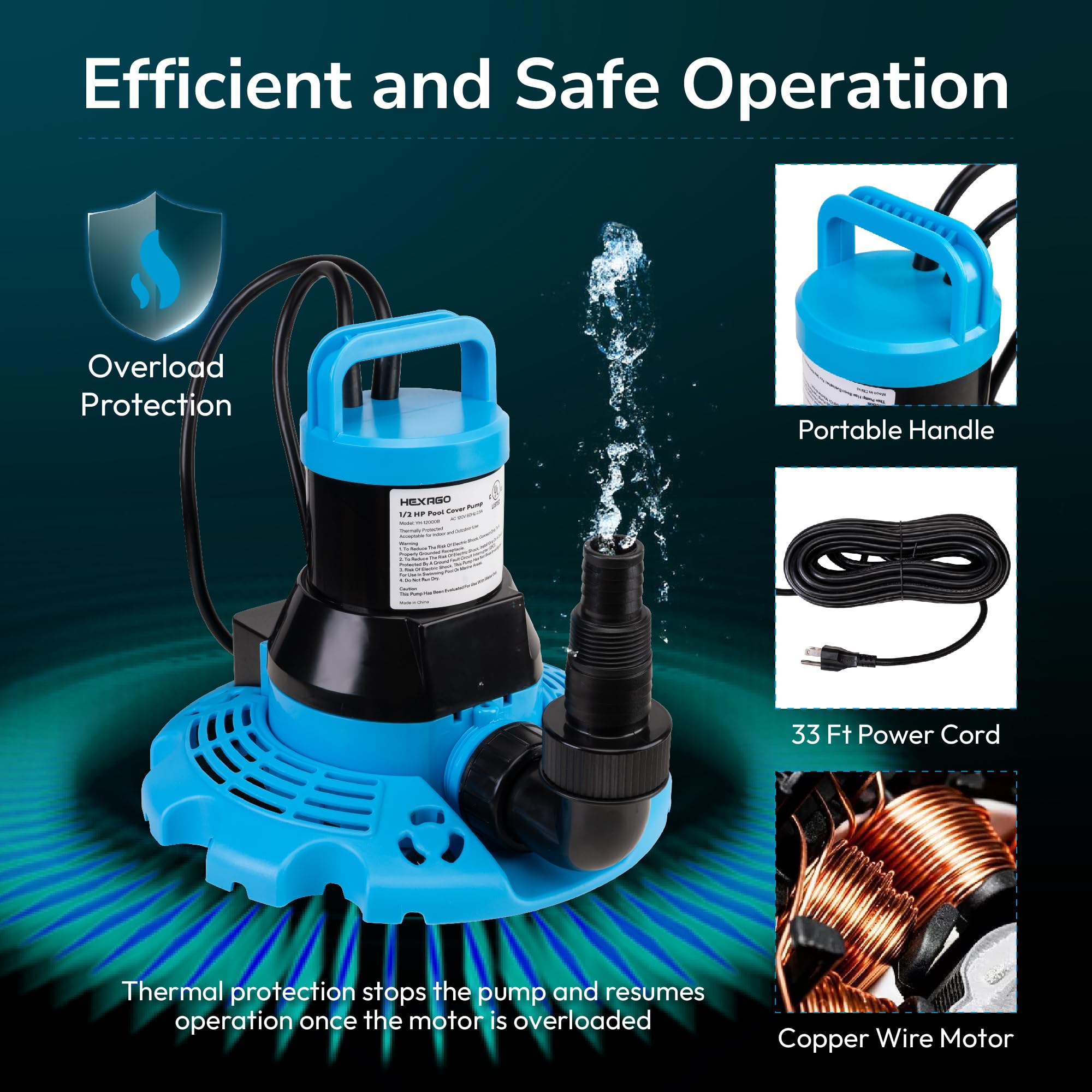 Hexago pump placed on pool cover removing water efficiently