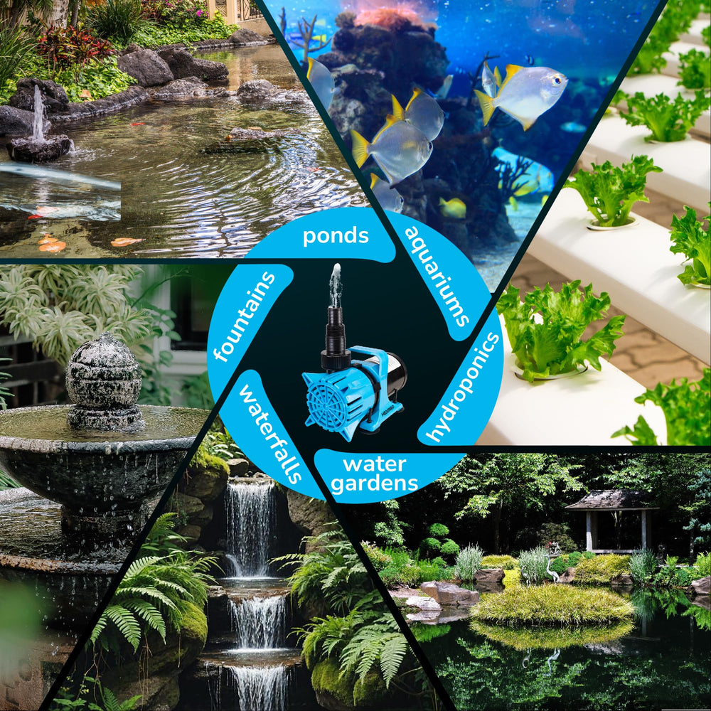 Hexago pumping in a backyard waterfall creating quiet, steady flow benefit