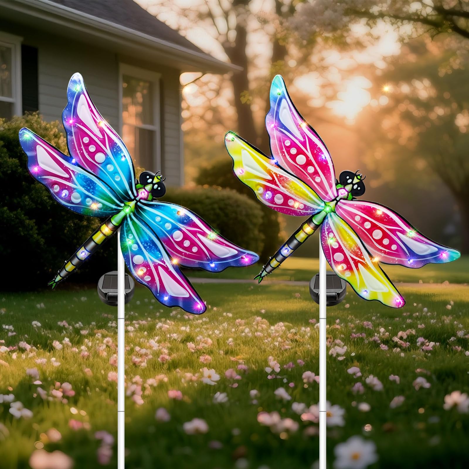 Hexagram dragonfly front view showing colorful wings and stake for decorative appeal