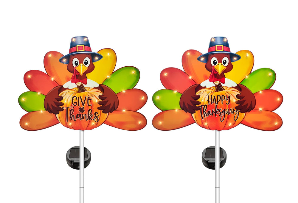Hexagram turkey stake front view glowing to create festive yard ambiance