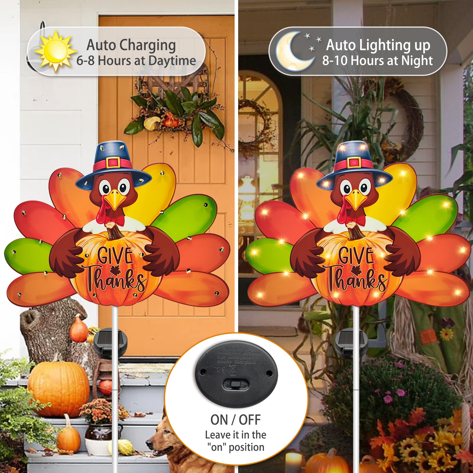 Hexagram turkey stakes lining a garden pathway adding welcoming light