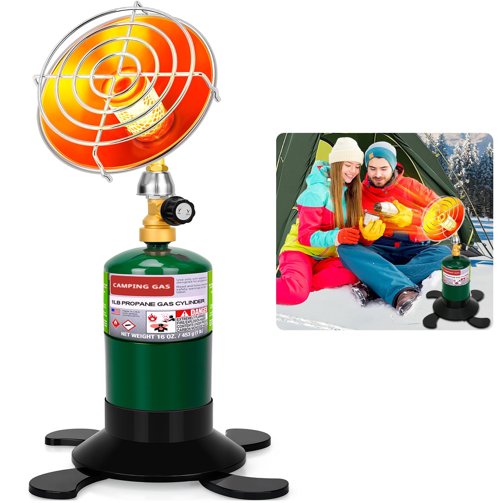 HEYDUOTON front view of portable propane heater showing compact design and quick warmth