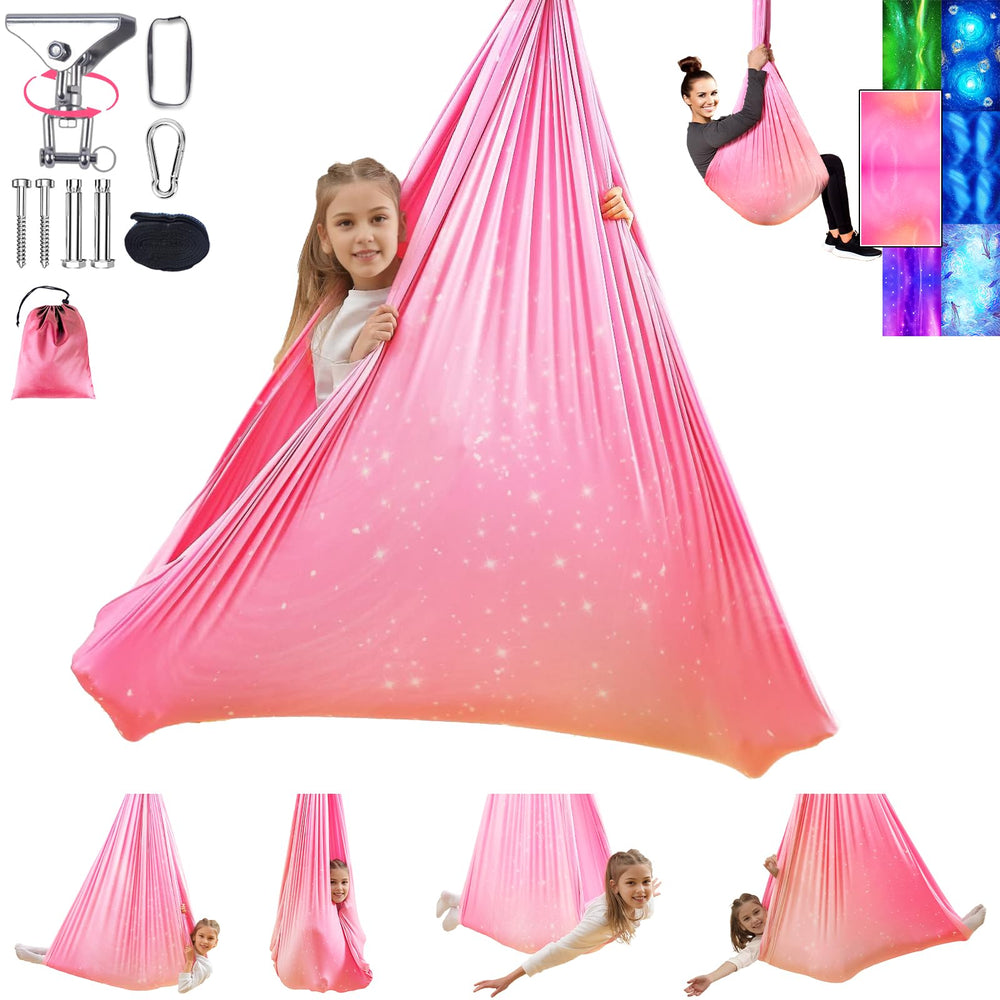 Heyfriday front view of fantasy pink sensory swing showing cozy cocoon benefit