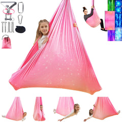 Heyfriday front view of fantasy pink sensory swing showing cozy cocoon benefit
