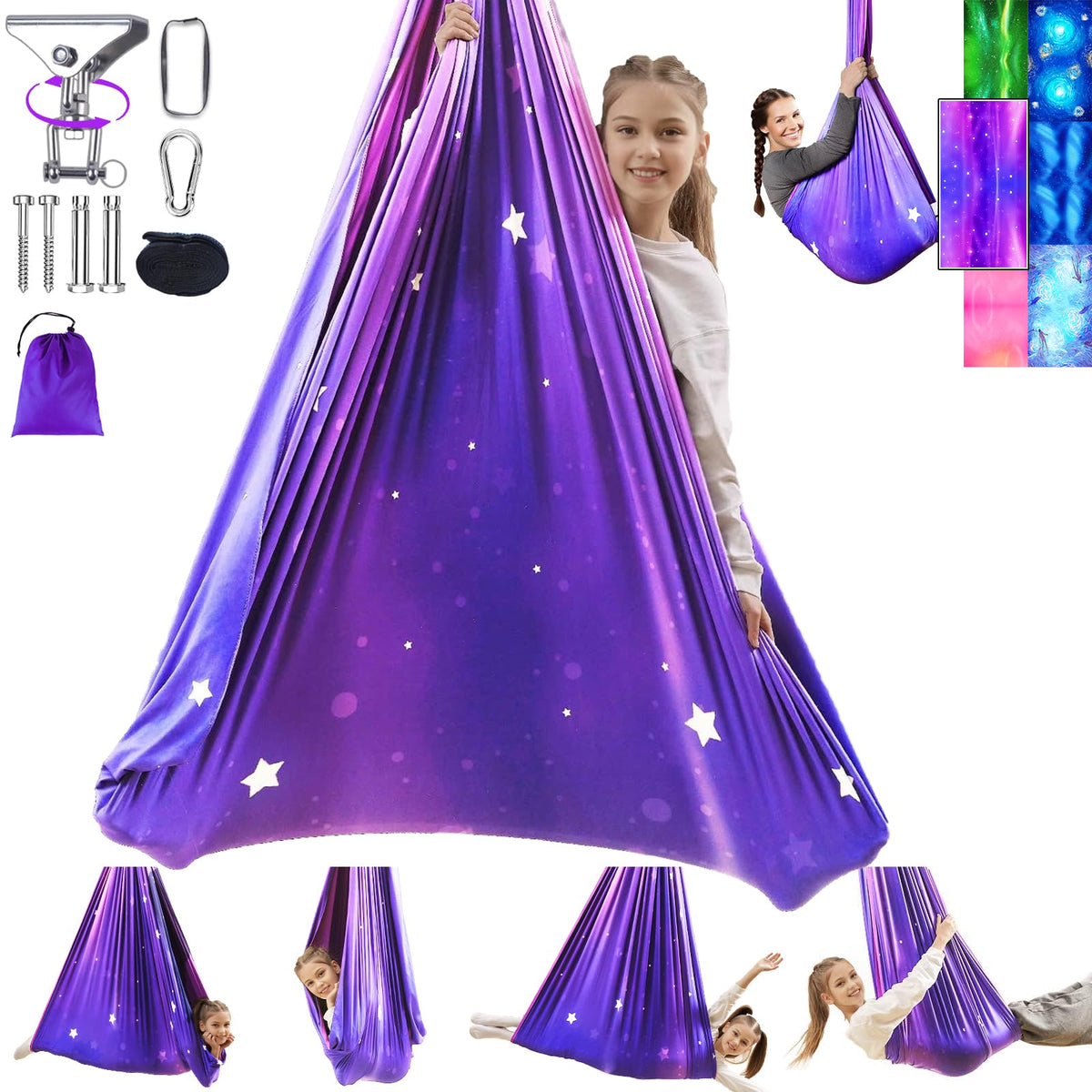 Heyfriday Galaxy Purple front view showing full hammock and calming design benefit