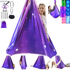 Heyfriday Galaxy Purple front view showing full hammock and calming design benefit