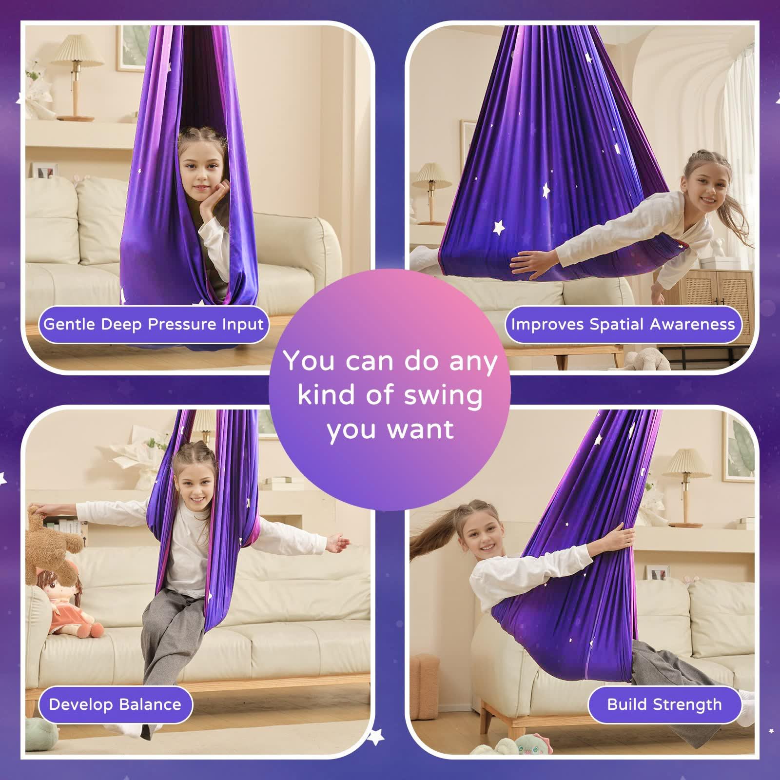 Heyfriday Galaxy Purple in use by child showing secure cuddle effect and calming benefit