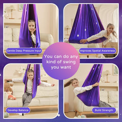 Heyfriday Galaxy Purple in use by child showing secure cuddle effect and calming benefit