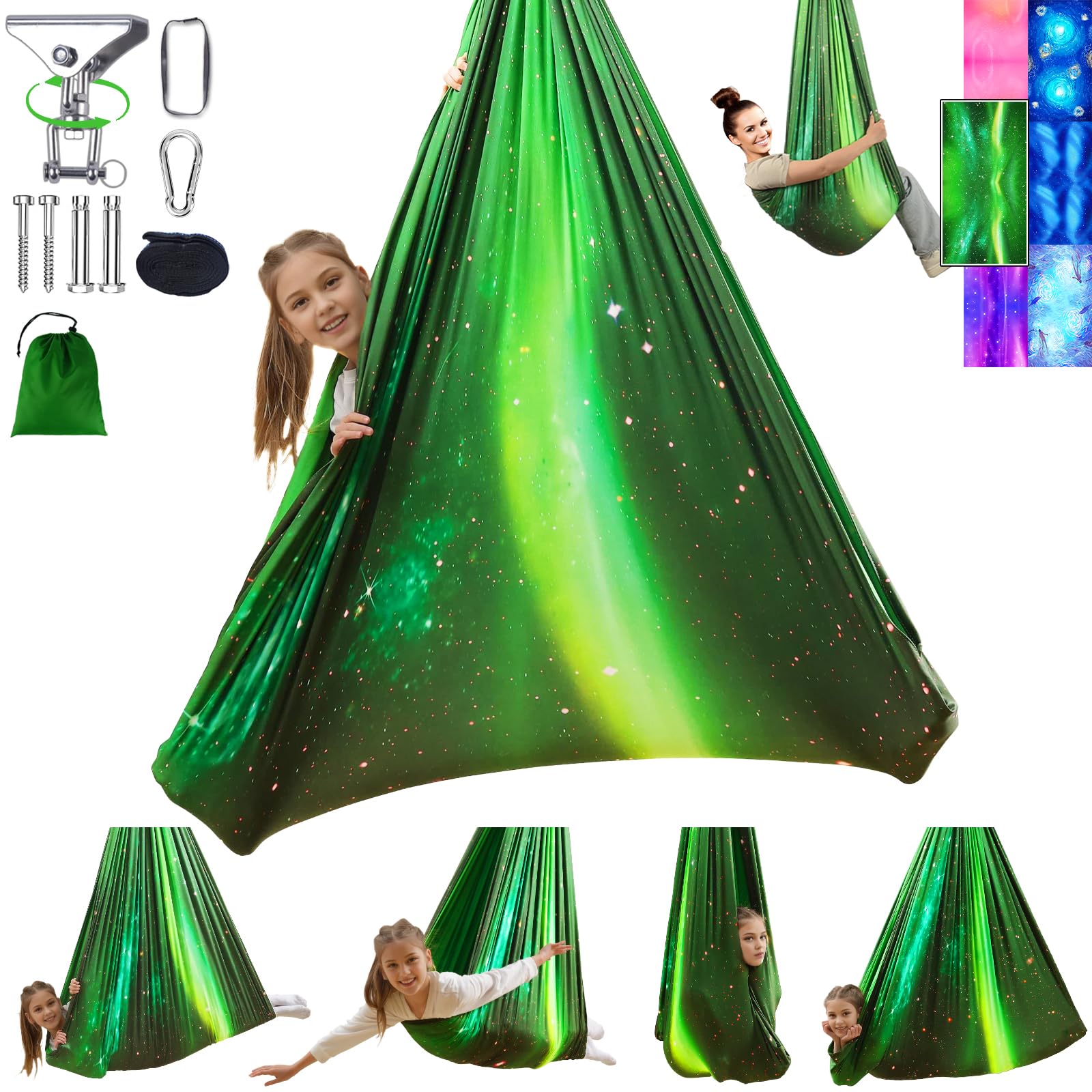 Heyfriday sensory swing front view showing roomy hammock and color