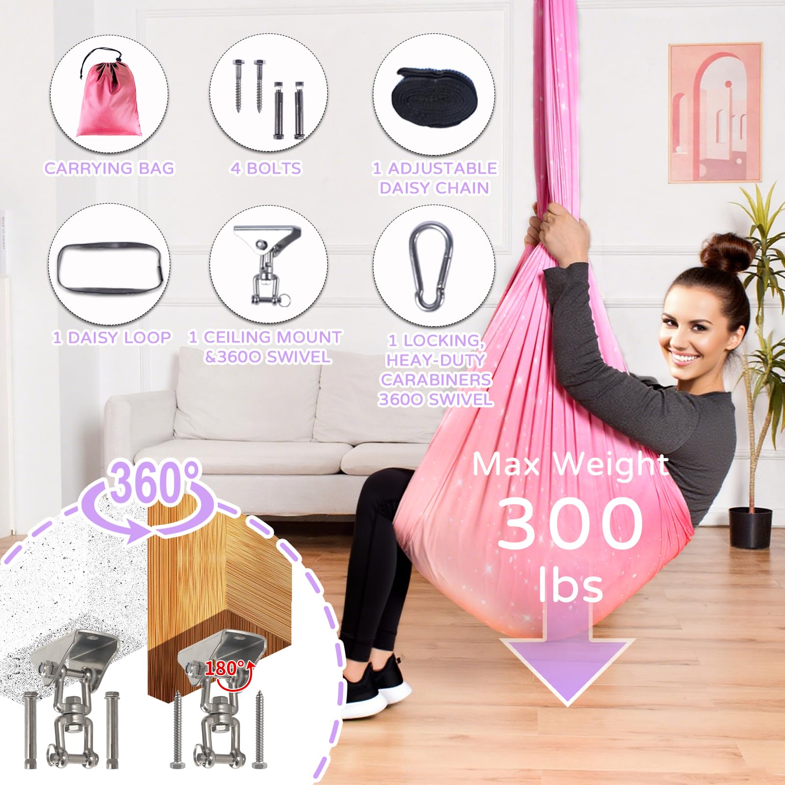 Heyfriday adult sitting in swing showing 300 lb capacity benefit