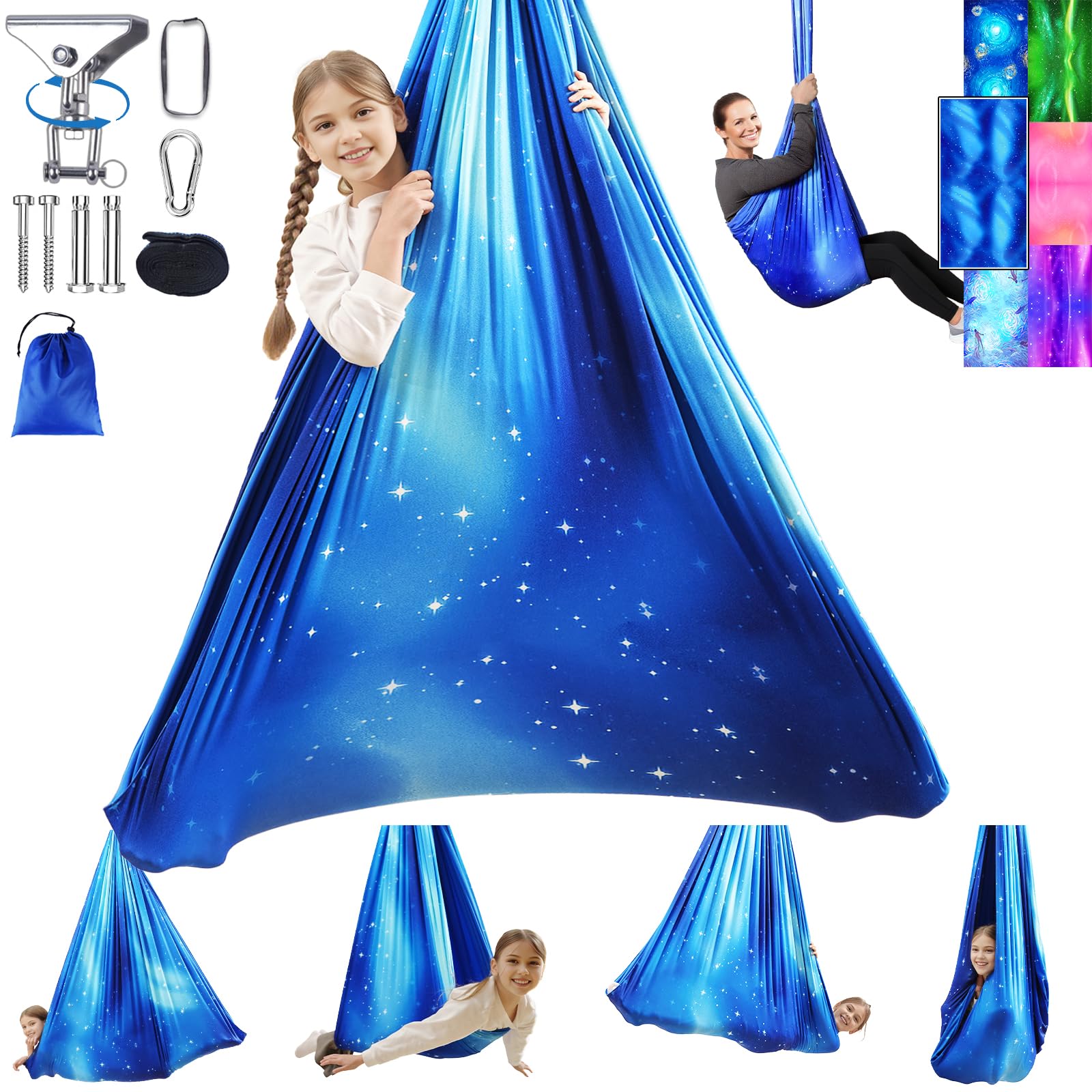 Heyfriday full front view of Star Blue swing showing cozy shape and safe support