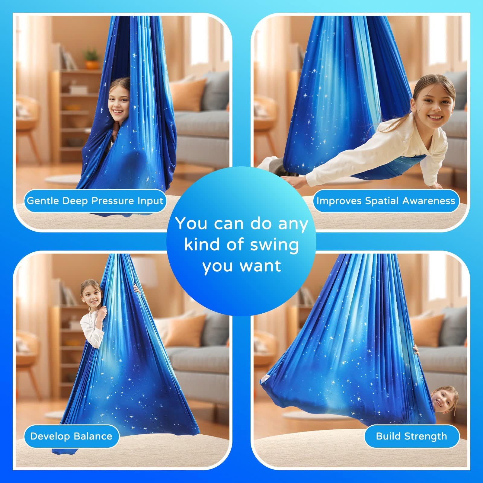 Heyfriday swing installed indoors in playroom offering calming sensory space