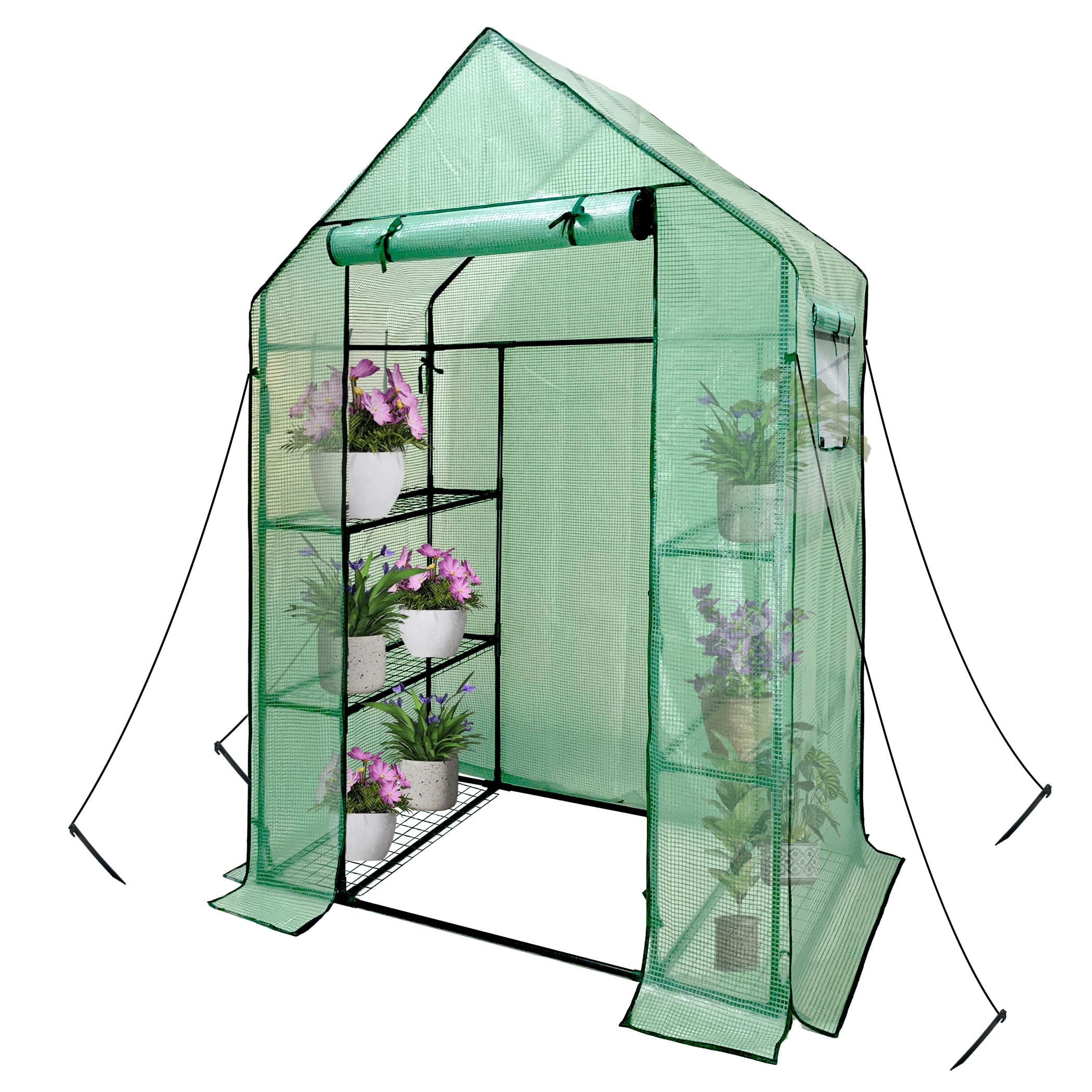 heyfurni front view showing full walk-in greenhouse protecting plants outdoors