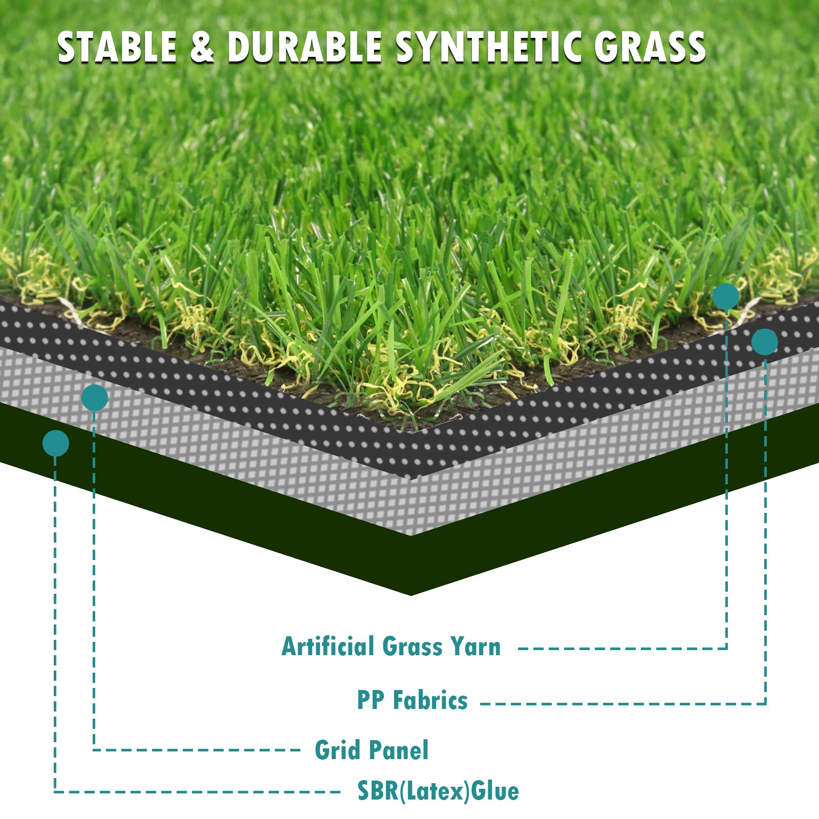 Heyroll turf in patio scene with dog playing, providing durable pet-friendly surface