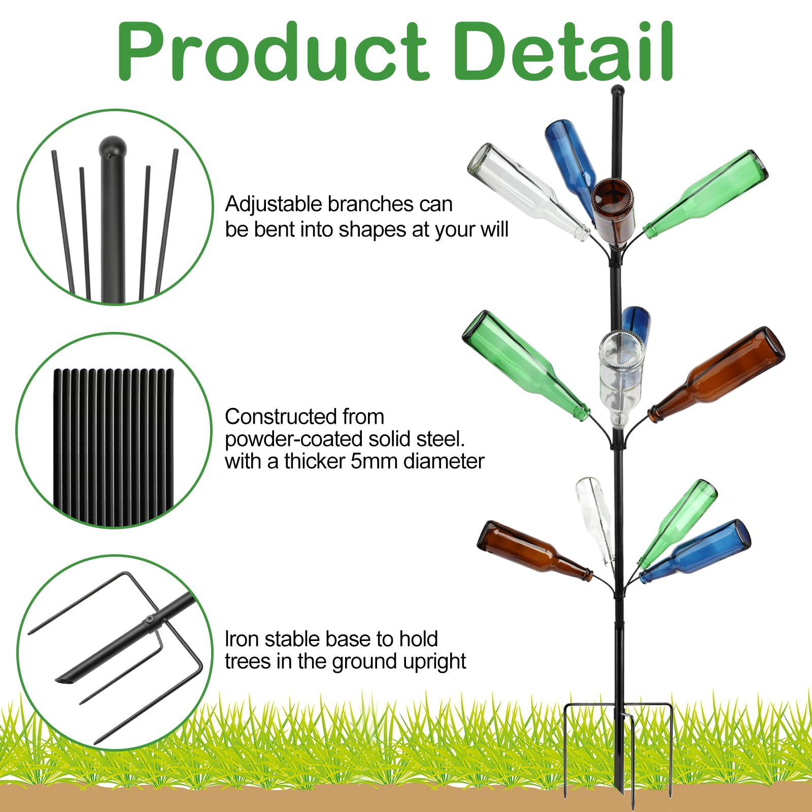 HEYTIMI bottle tree displaying mixed colored glass bottles for vibrant garden accents