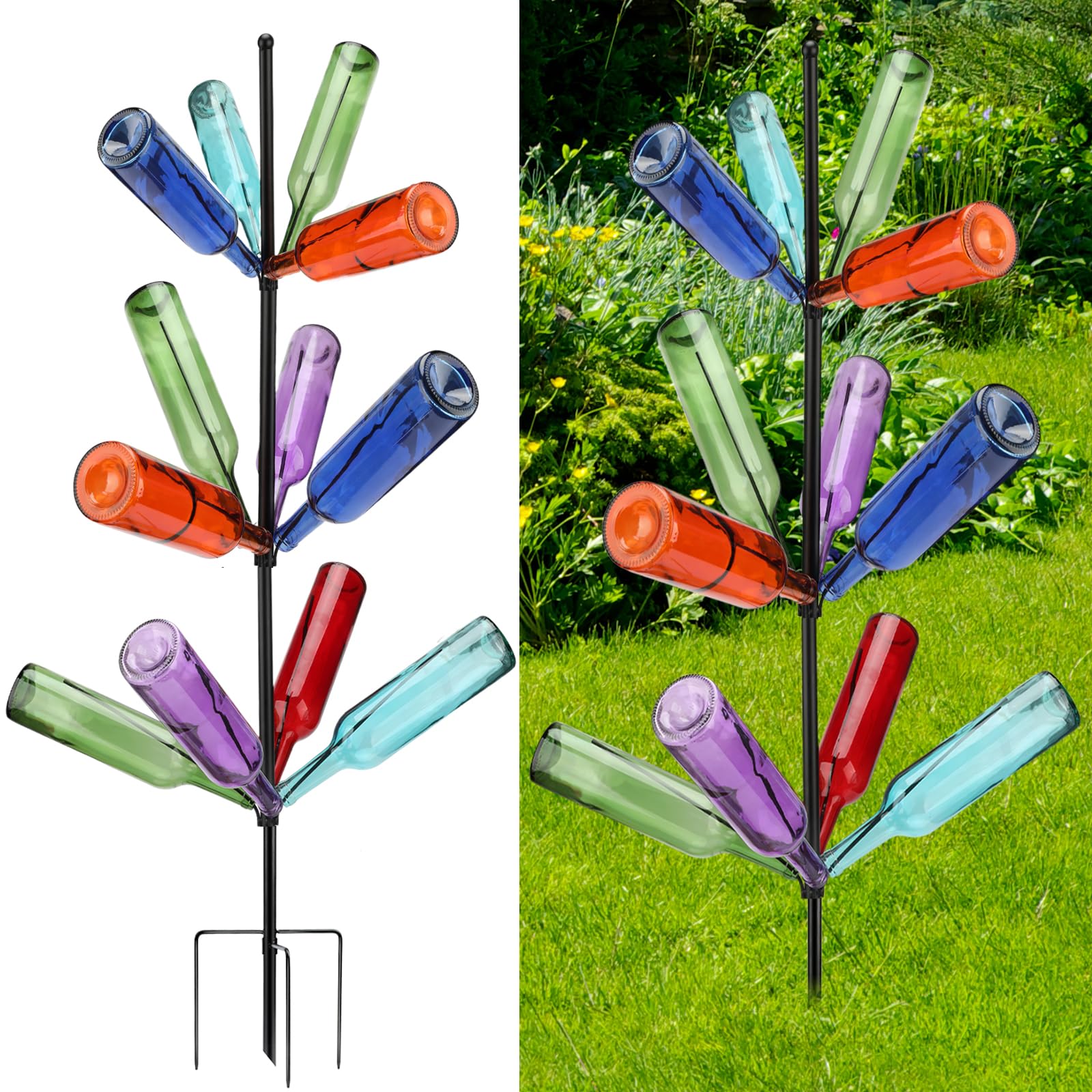 HEYTIMI front view of two bottle trees showing colorful garden focal point and durable metal frame