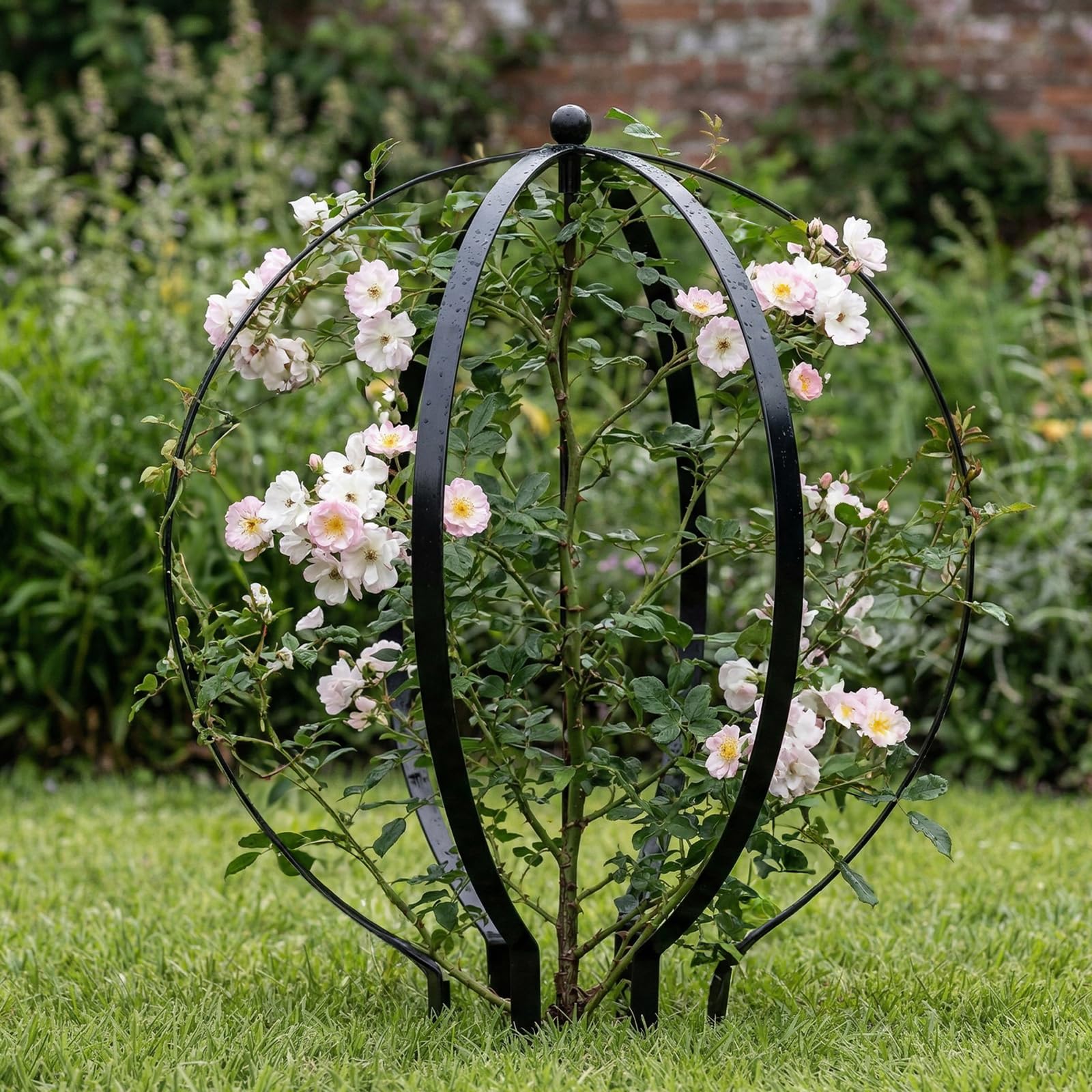 HEYTIMI trellis next to garden hose for scale showing compact size benefit: fits medium planters