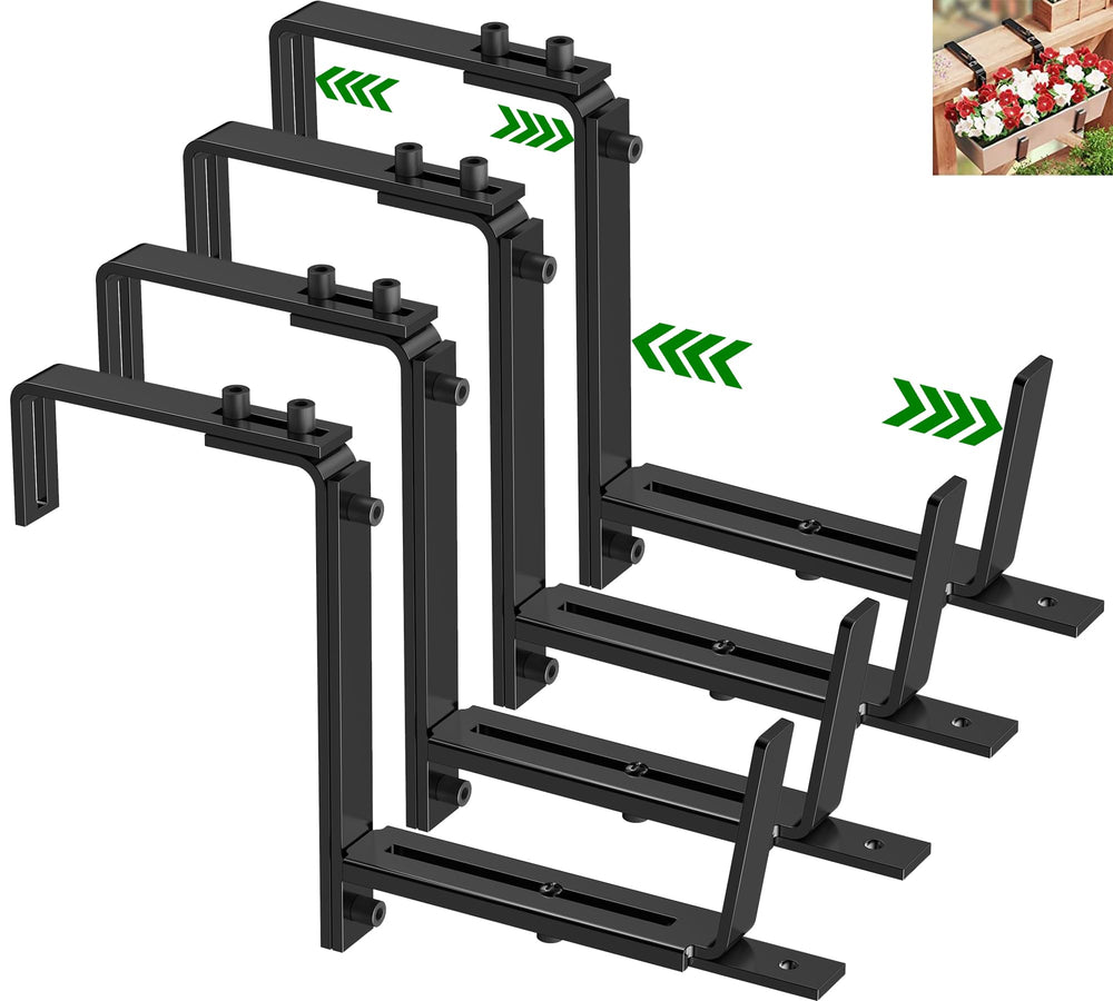 HFHOME front view of four black adjustable planter brackets showing hardware and shape, rugged support