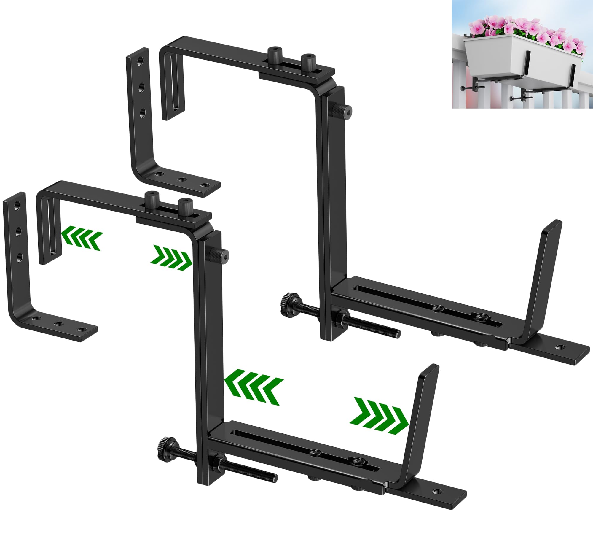 HFHOME front view of two black adjustable planter brackets showing shape and profile