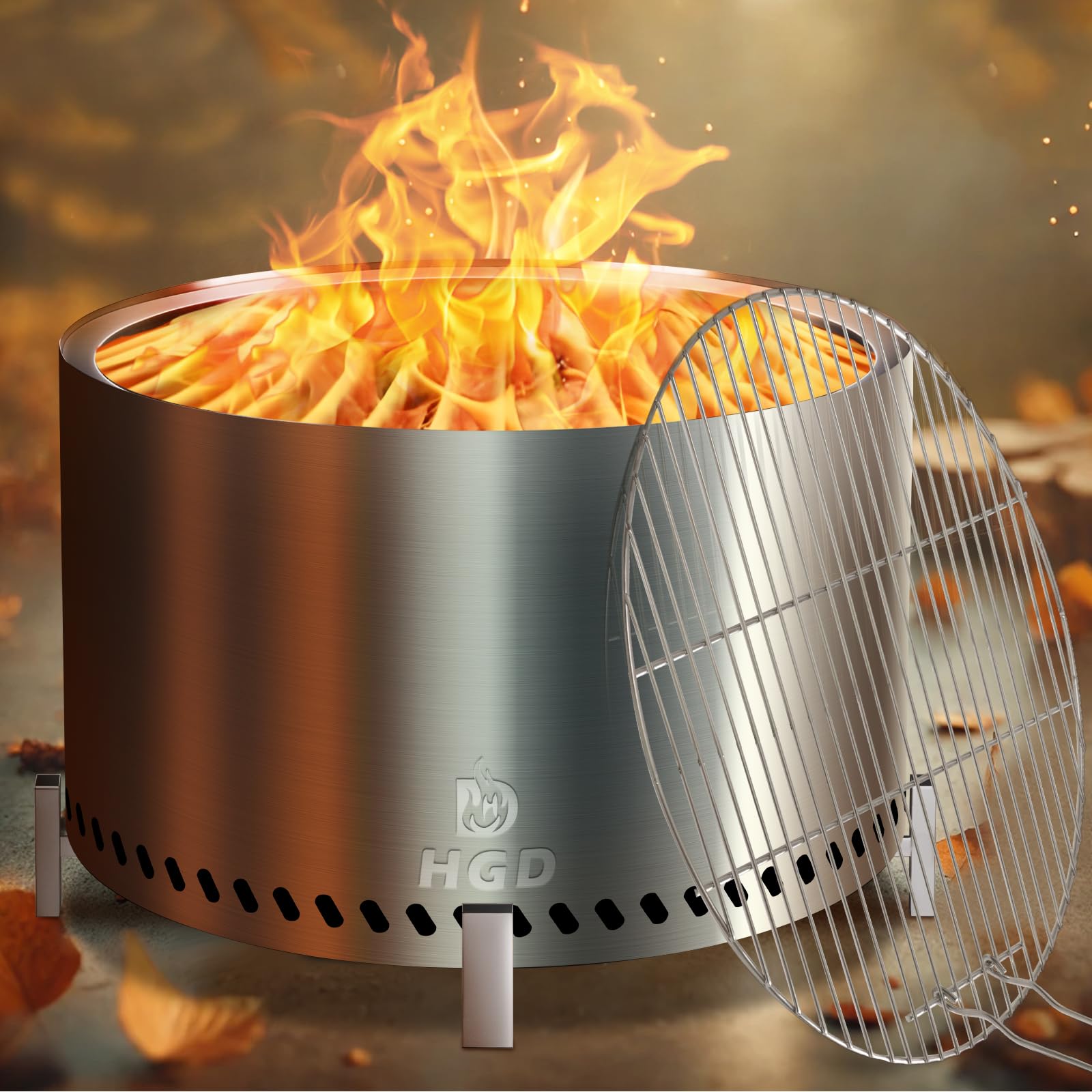 HGD front view of stainless steel fire pit showcasing stable base and sleek design for backyard use