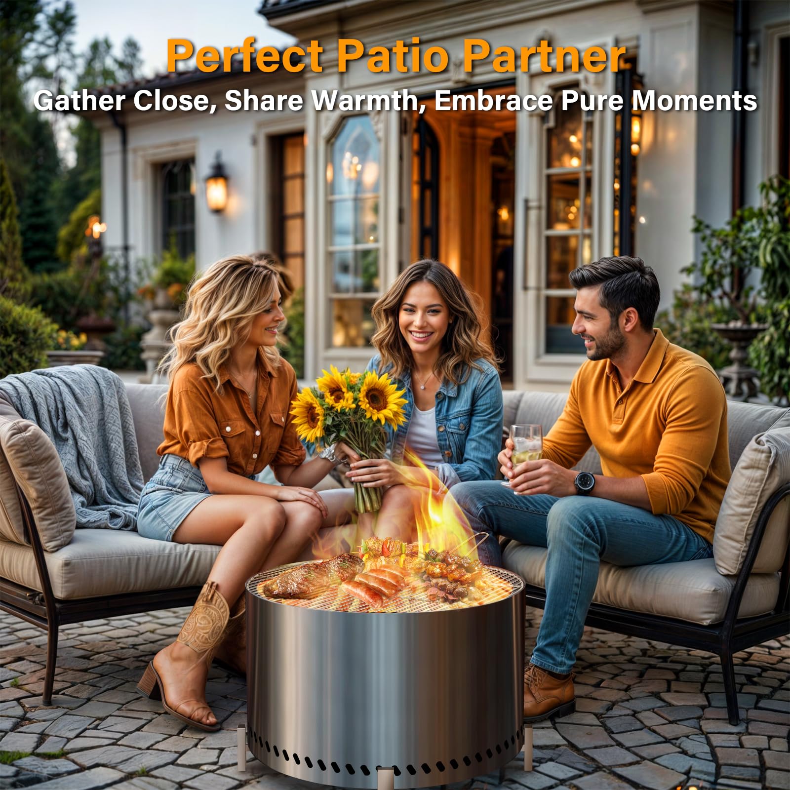 HGD patio nighttime scene with fire pit creating warm ambiance and smoke-reduced comfort