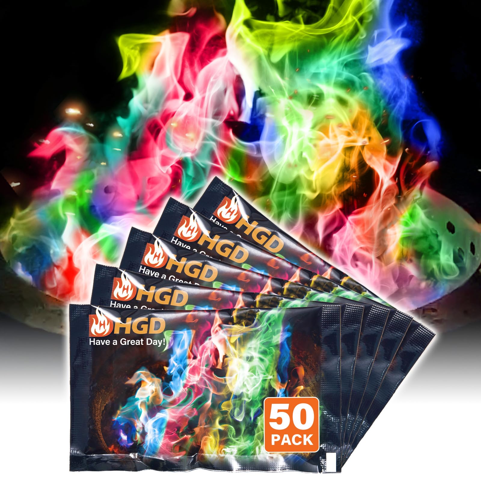 HGD front packaging showing 50 colorful fire packets for easy storage and use