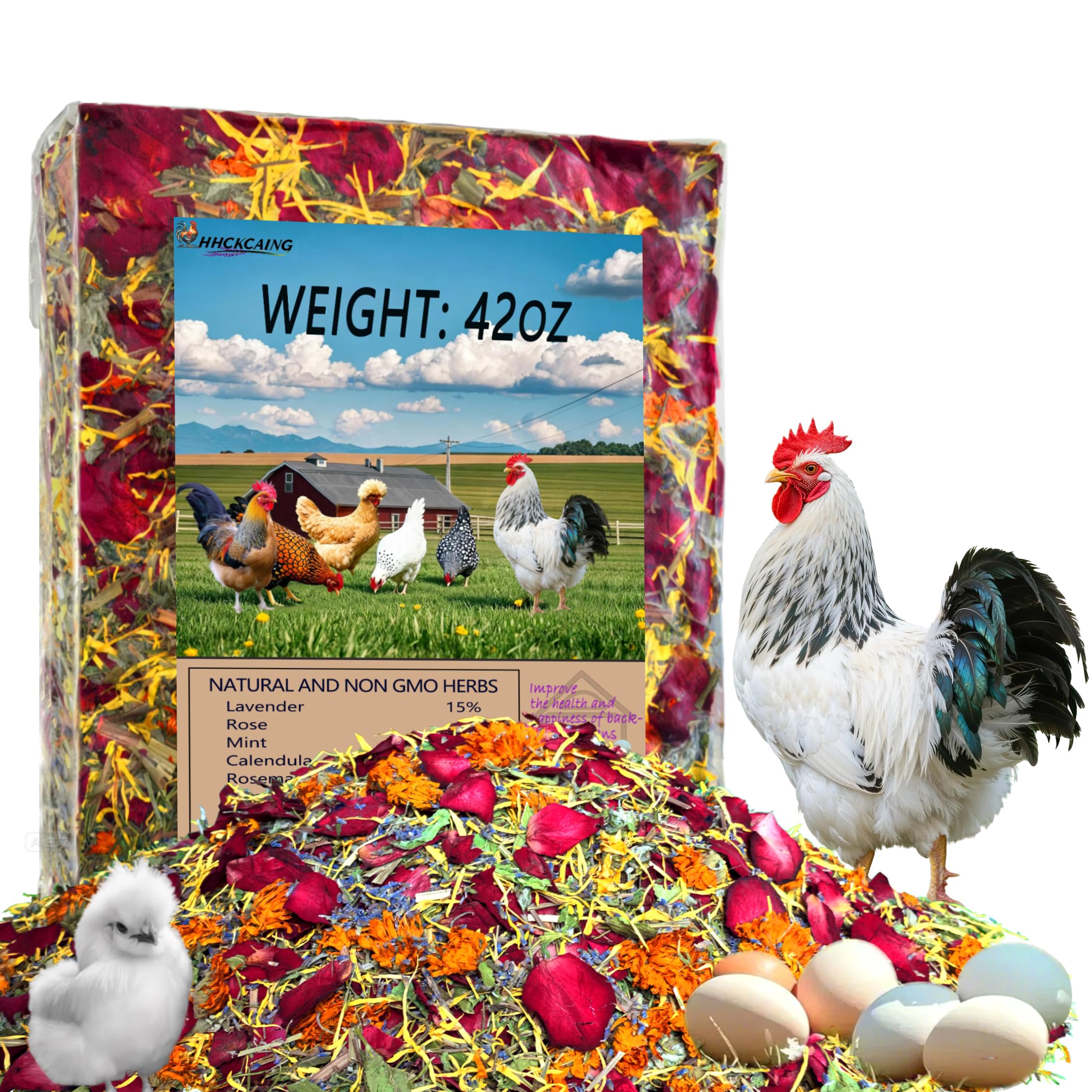 HHCkcaing front packaging showing 42oz herbal nesting blend and clear labeling for easy storage