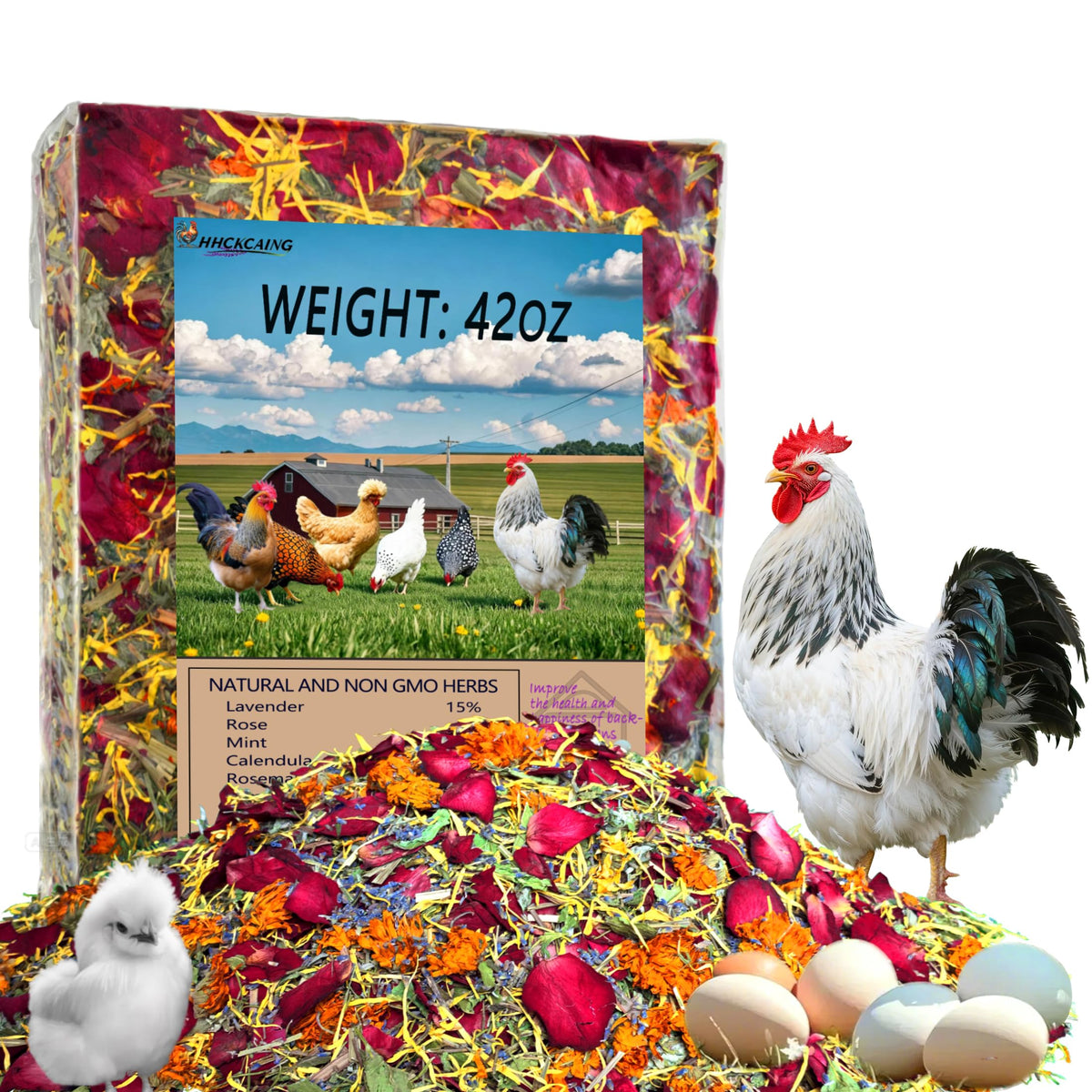 HHCkcaing front packaging showing 42oz herbal nesting blend and clear labeling for easy storage