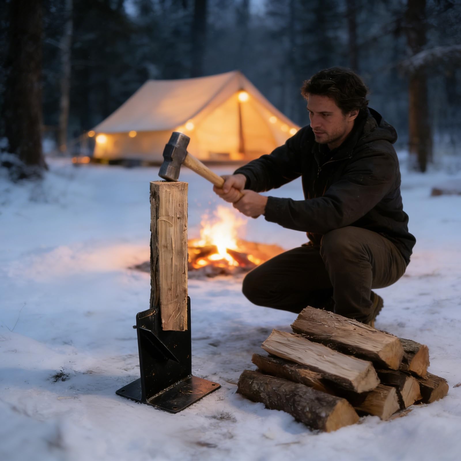 Hi Flame mounted on wooden block for stable fixed operation and safer splitting