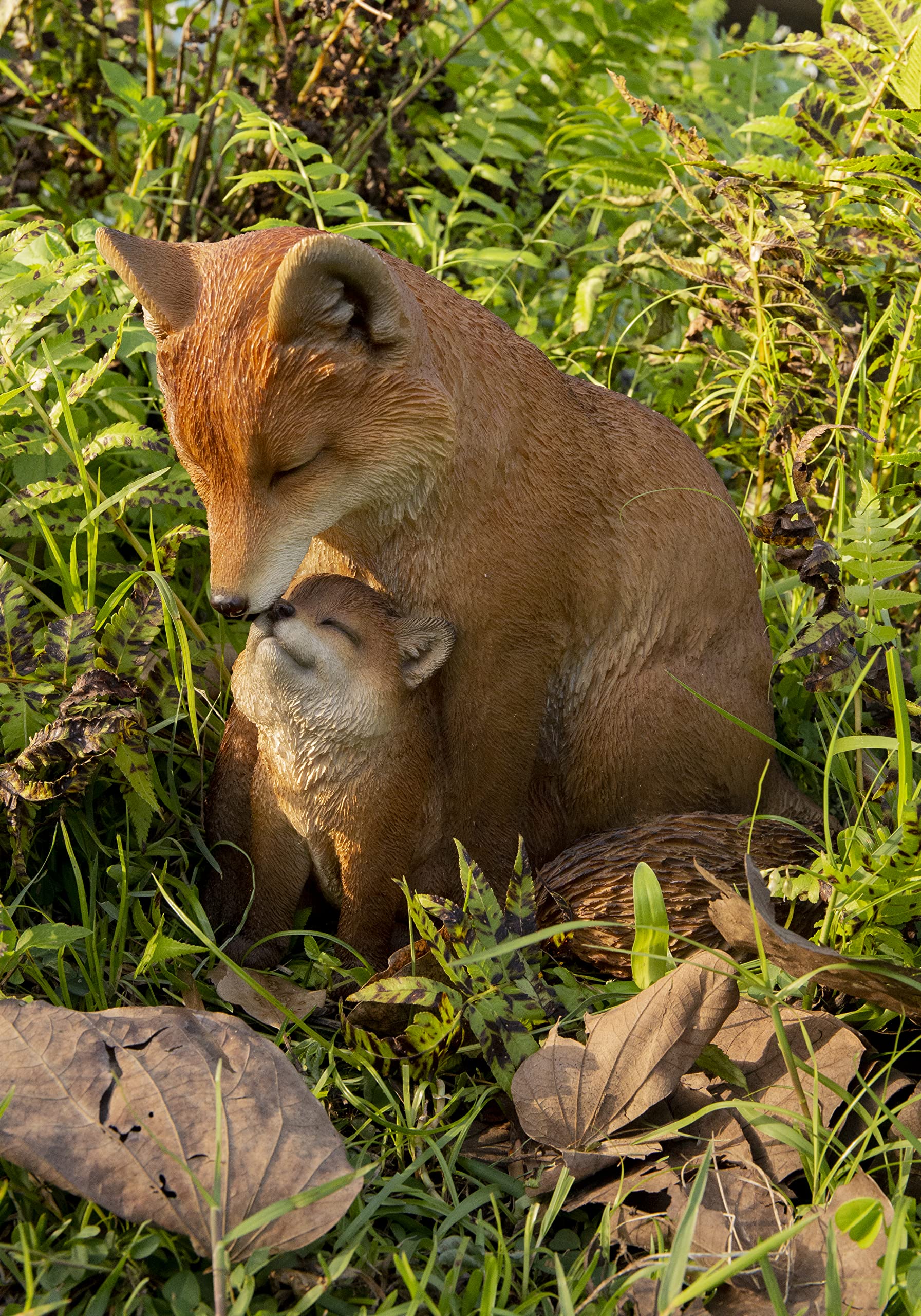HI-LINE front view of mother and baby fox statue showing charming pose and warmth