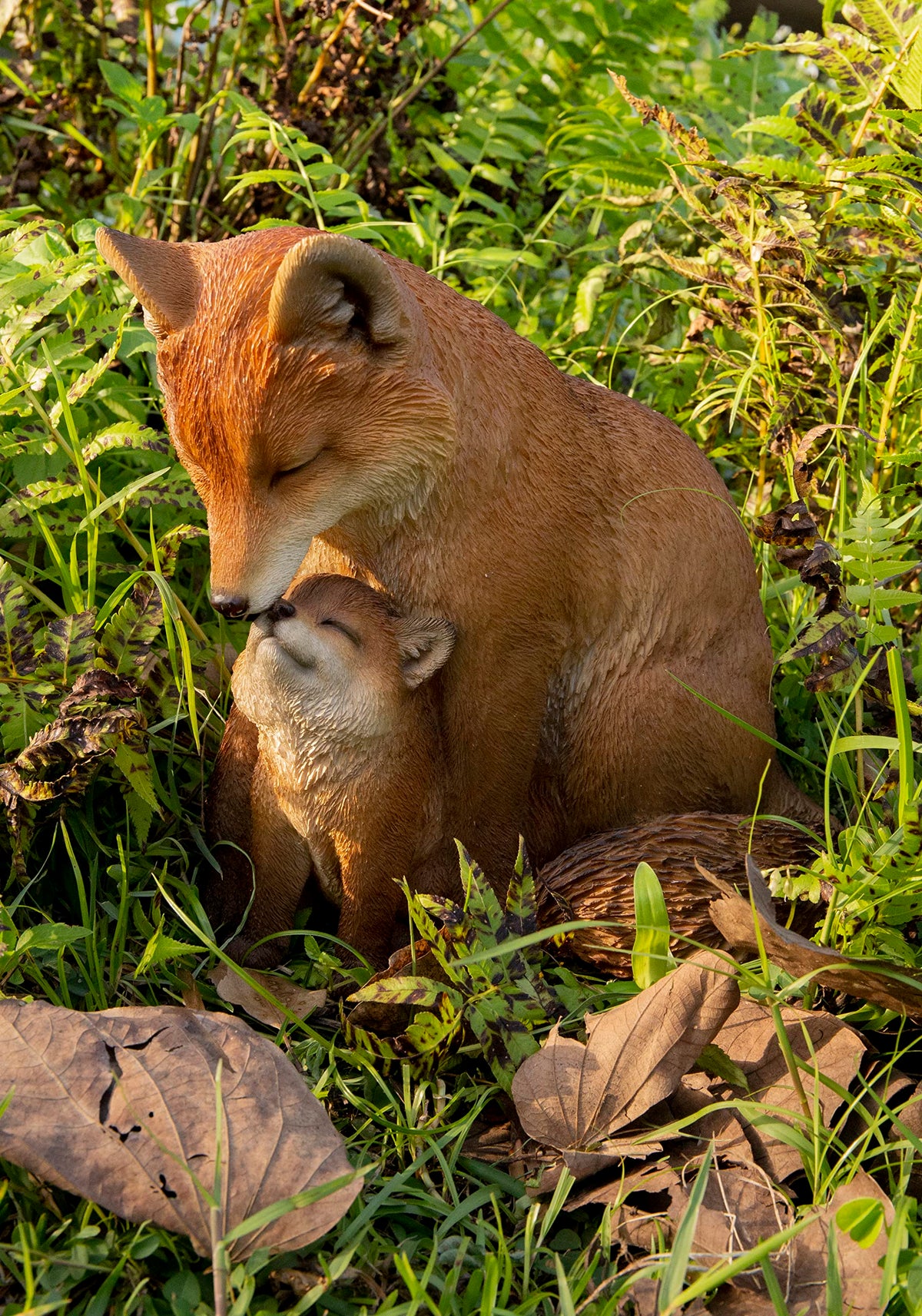 HI-LINE front view of mother and baby fox statue showing charming pose and warmth