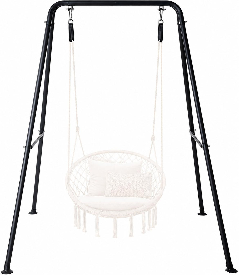 Hi-Na front view of hammock stand showing stable A-frame and versatile placement benefit