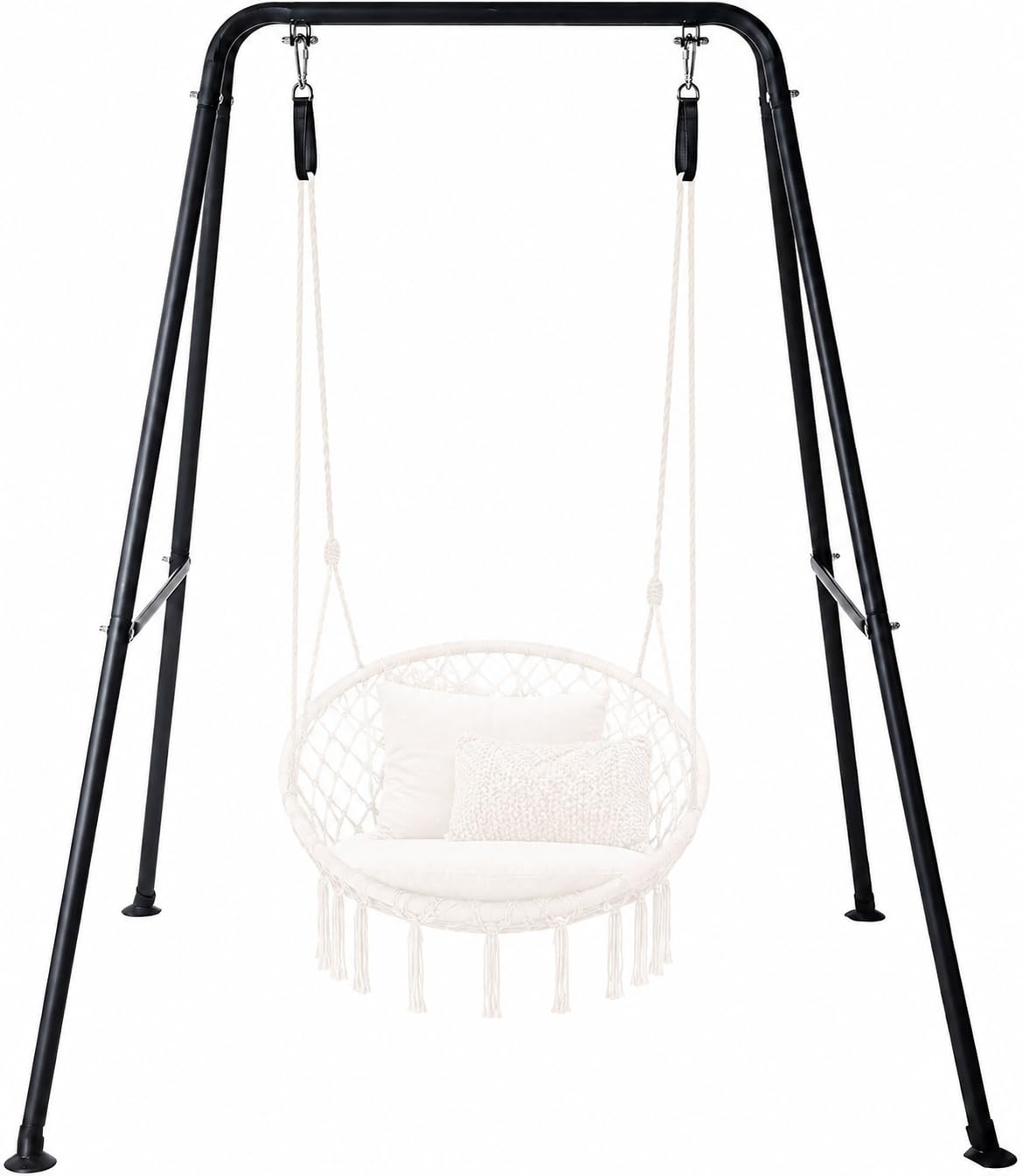 Hi-Na front view of hammock stand showing stable A-frame and versatile placement benefit