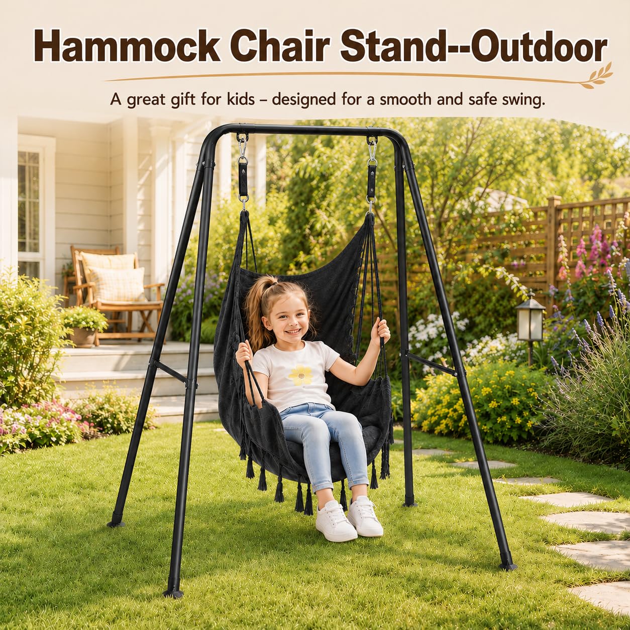 Hi-Na stand in patio setting supporting a hanging chair for outdoor relaxation benefit