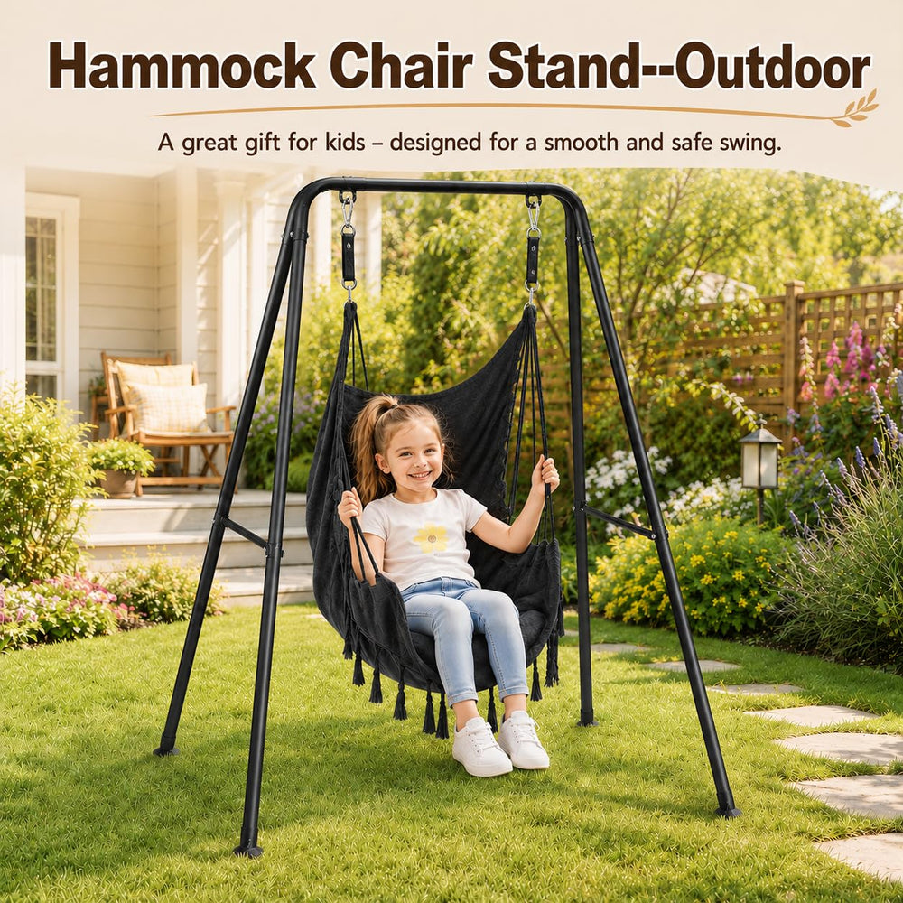 Hi-Na stand in patio setting supporting a hanging chair for outdoor relaxation benefit