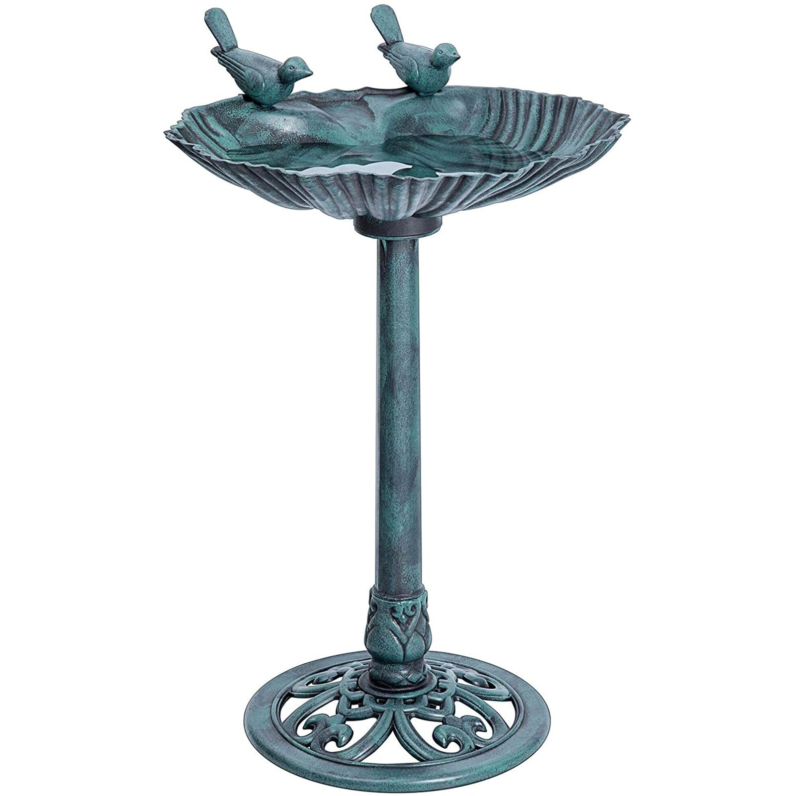 HI SUYI front view of bird bath showing vintage bronze finish and stable pedestal