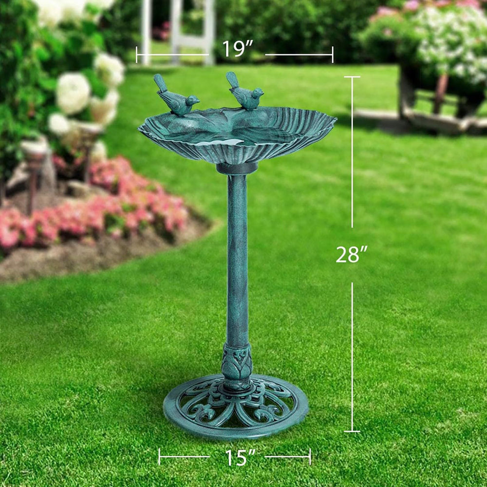 HI SUYI bird bath beside chair showing 32-inch scale for yard fit