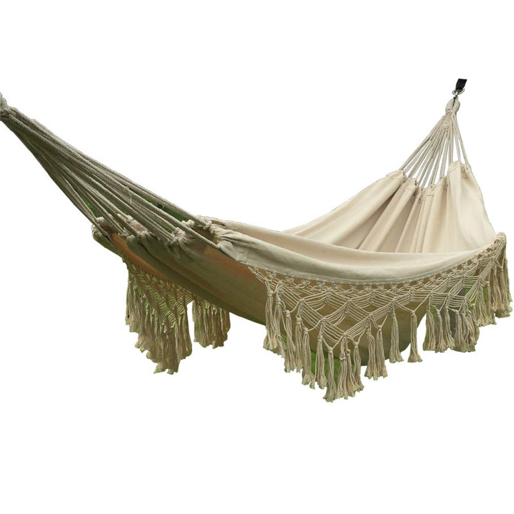 HI SUYI front view hammock chair showing full crochet fringe and comfortable seating