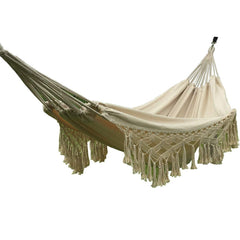 HI SUYI front view hammock chair showing full crochet fringe and comfortable seating
