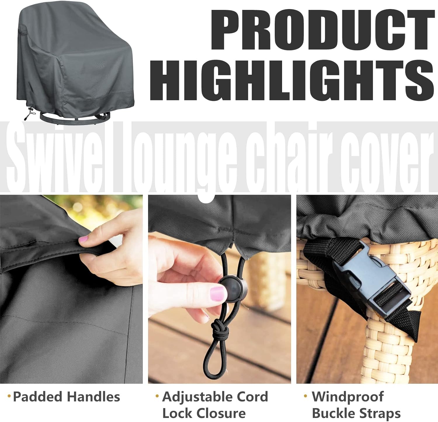 HI···YOUR COVER installed on a swivel chair demonstrating secure weather protection