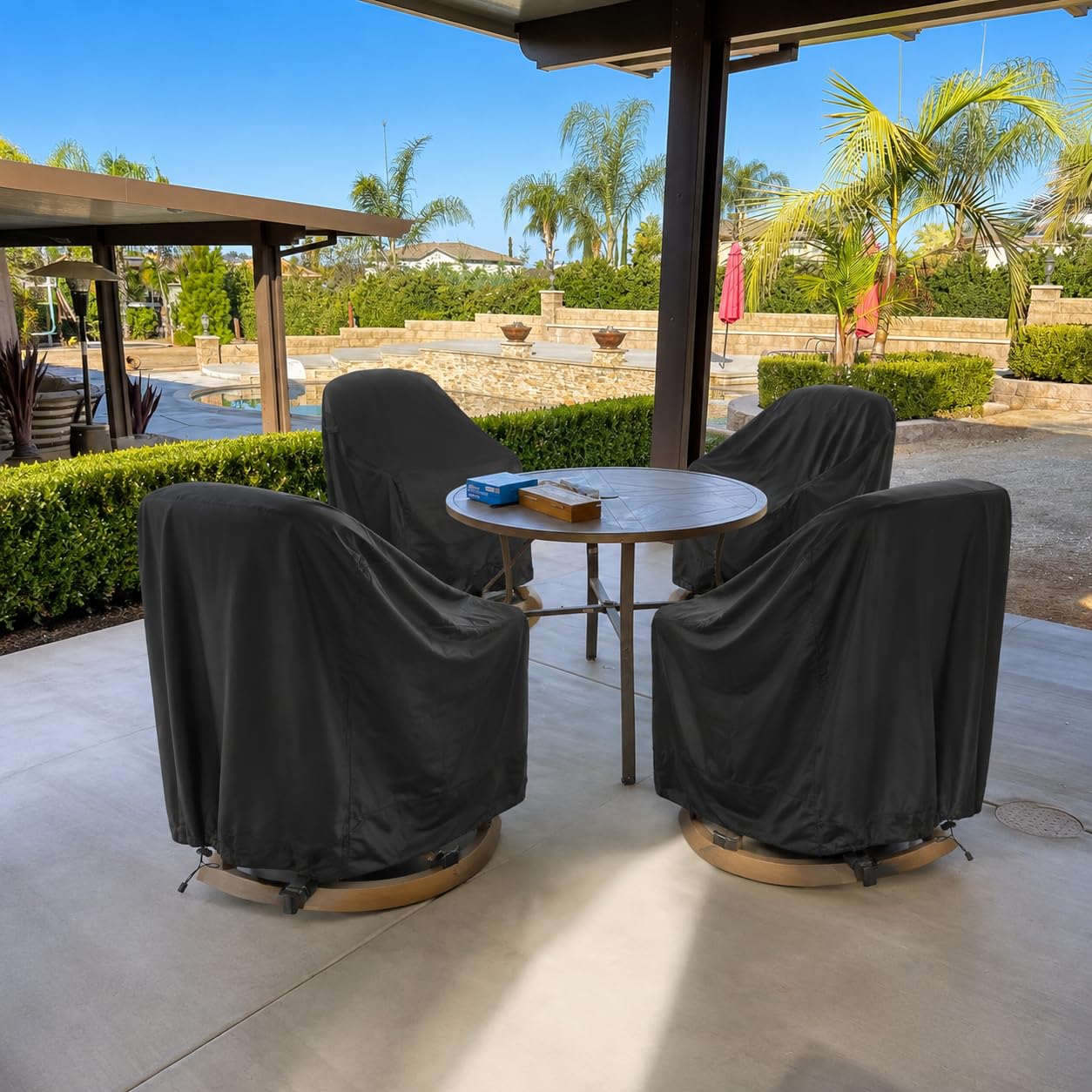 HI···YOUR COVER lifestyle patio setting showing coordinated covered furniture
