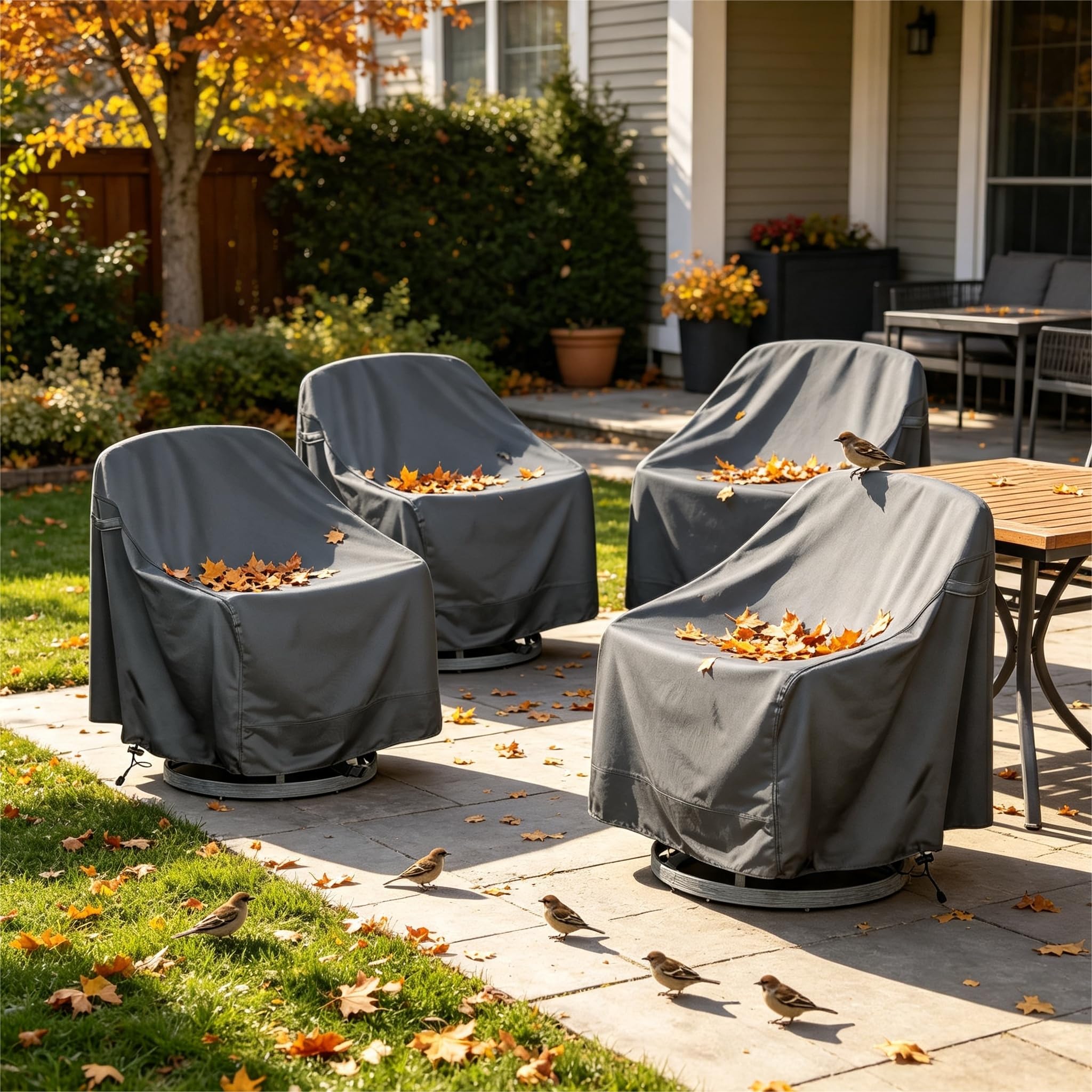 HI···YOUR COVER size comparison next to chair showing fit for typical patio chairs
