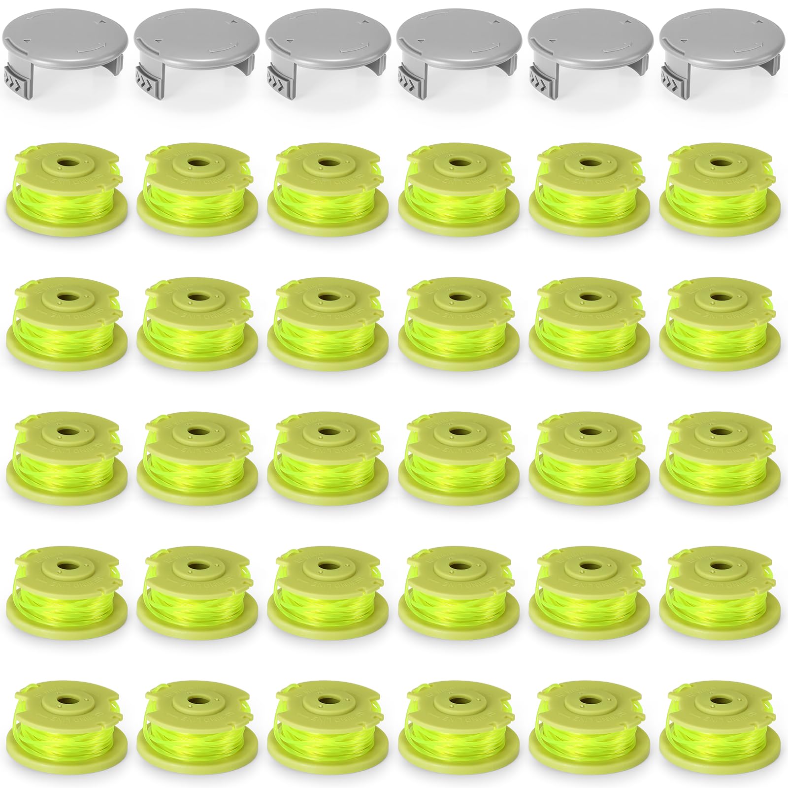 Hiboom front packaging showing 30 trimmer lines and 6 cap covers, ready for long-term use